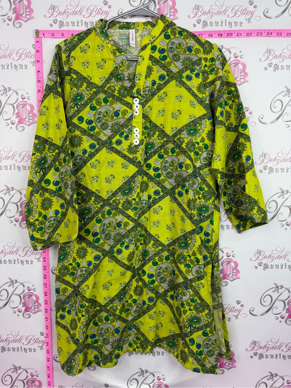 ETHNC dress Women’s Lime Green Printed Midi Dress with Button Placket